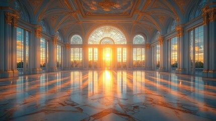 Fototapeta premium A magnificent palace hall bathed in golden sunset light, featuring intricate marble floors, towering arched windows, and elaborate ceiling details.