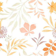 Autumn seamless pattern. Fall leaves Background. Autumnal Nature texture. Flourish leaves decor. Watercolor Drawing for your design