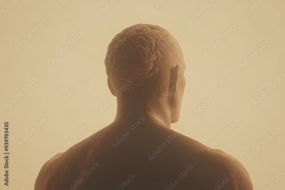 Poster silhouette of a man with a glowing neural pattern symbolizing the reflection of human thought and th