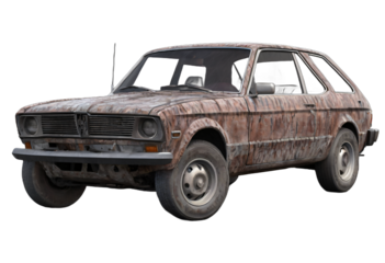 An abandoned rusted car isolated on white background with clipping path.