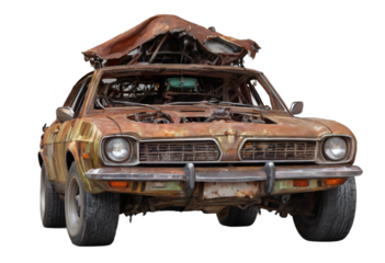 An abandoned rusted car isolated on white background with clipping path.