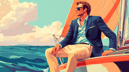 Obraz premium Vintage 70s Illustration of a Handsome Man Relaxing on a Yacht, Stylish Retro Artwork Capturing Luxury and Leisure on the Open Sea