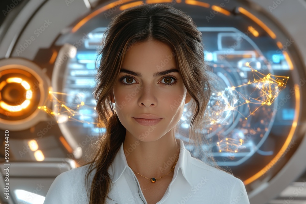 Poster portrait of a woman with glowing digital elements surrounding her symbolizing the integration of hum