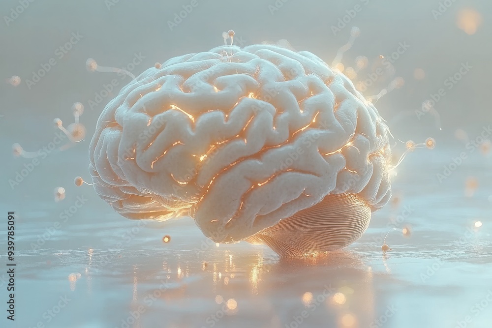 Poster 3d render of a glowing white brain surrounded by light symbolizing the purity and complexity of huma