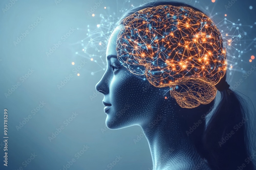 Aufkleber profile of a woman with a glowing neural pattern symbolizing the fusion of human intellect and creat