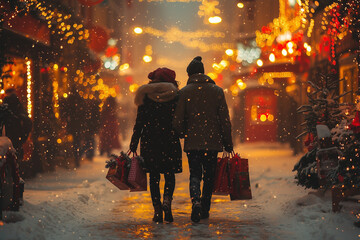 A festive holiday shopping scene with a couple strolling through a snowy city street, carrying...