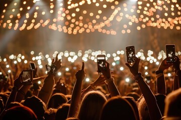 A group of people are holding up their cell phones in the air, generative ai image