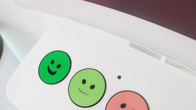 Happy employee using satisfaction survey kiosk to provide positive feedback, person gives positive rating on touch screen