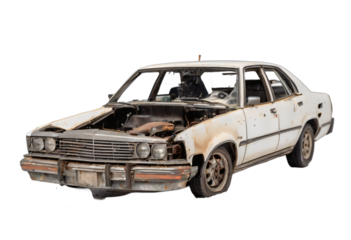 An abandoned rusted car isolated on white background with clipping path.