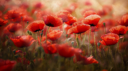Obraz premium A vibrant array of red poppies blooms in a field, their petals swaying gently in the warm breeze.