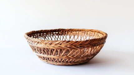 Fototapeta premium A woven basket made of wicker and empty, placed against a white backdrop.