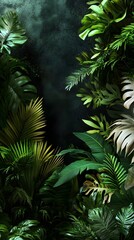 Fototapeta premium A wall of lush, verdant plants, including ferns and Monstera leaves, captured from above in high resolution