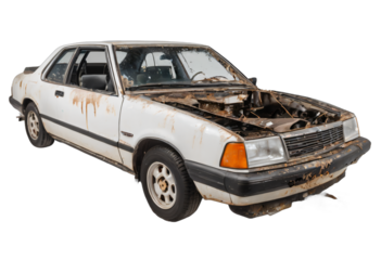 An abandoned rusted car isolated on white background with clipping path.