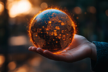 Fototapeta premium Hand holding a globe with digital data overlays