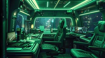 Fototapeta premium A futuristic van interior with modular workspace, touch-sensitive control panels, and panoramic windows, highlighted by soft green lighting.