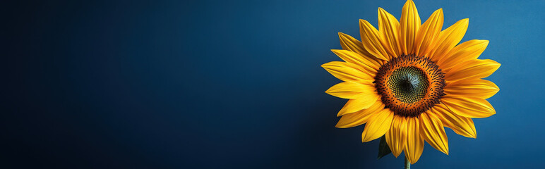 golden sunflower against a deep midnight blue background, with a minimalist design and ample space for copy