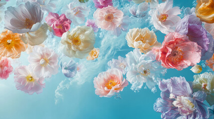 Colorful, floating flowers in soft hues descend against a vibrant blue sky. A stunning portrayal of blooming springtime.