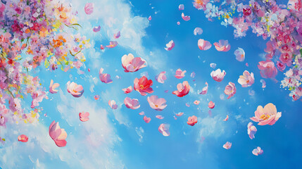 Fototapeta premium Colorful, floating flowers in soft hues descend against a vibrant blue sky. A stunning portrayal of blooming springtime.