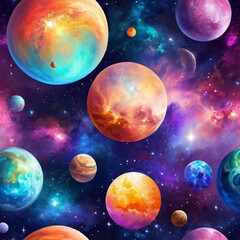 Naklejka premium Planetary system with multiple planets, large brightly colored gas giant and a rocky planet. Bright stars and a vast expanse of dark space with a galaxy in background. Space spaces. Cosmonautics. AI