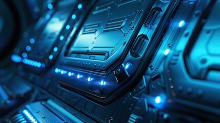 Fototapeta premium A futuristic vehicle interior door with sleek metallic design, illuminated by soft blue ambient lighting, capturing the innovative and modern aesthetic.
