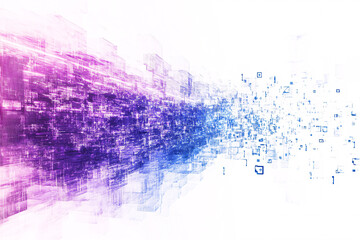 digital abstract image showcasing a wave transitioning from purple to blue, with pixelated particles dissolving into the background, representing data flow
