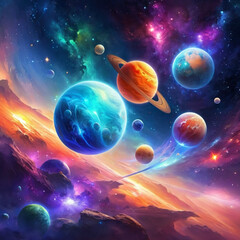 Planetary system with multiple planets, large brightly colored gas giant and a rocky planet. Bright stars and a vast expanse of dark space with a galaxy in background. Space spaces. Cosmonautics. AI