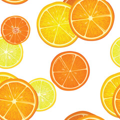 Obraz premium Fruits citrus pattern. Fresh slice orange, lemon, lime, grapefruit, mandarin peices over white background with leaves. Seamless texture. Vector colorful dessert food.
