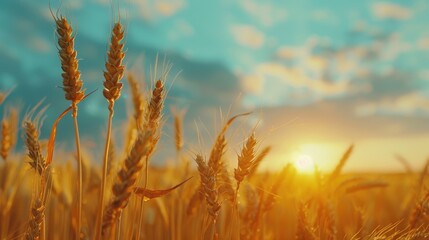 Fototapeta premium Golden grains thriving in a field under a clear blue sky Cereal harvest Wheat heads in June Vital staple crops