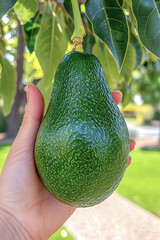 A hand holding a ripe avocado still attached to the tree.