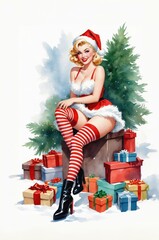 Vintage Christmas card with a cute blonde pin up dressed as Santa Claus and wearing striped socks with christmas tree and gifts