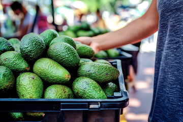 A person selecting avocados from a crate at an outdoor market.