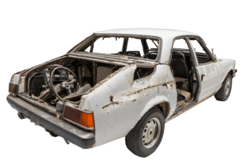 An abandoned rusted car isolated on white background with clipping path.