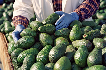 Gloved hands selecting avocados in an industrial processing plant.