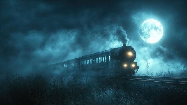 A train is traveling through a foggy, dark night with a full moon in the background.