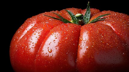   A close-up of a red tomato on a black background with water droplets on both top and bottom