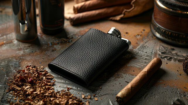Leather hip flask with cigars and tobacco on rustic table