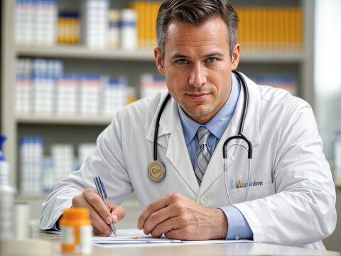 M&eacute;dico concentrado, escrevendo receita m&eacute;dica em seu consult&oacute;rio