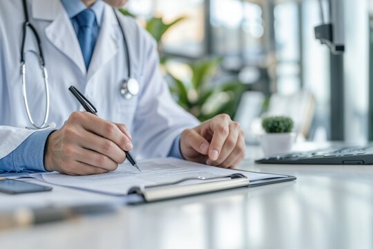 M&eacute;dico concentrado, escrevendo receita m&eacute;dica em seu consult&oacute;rio