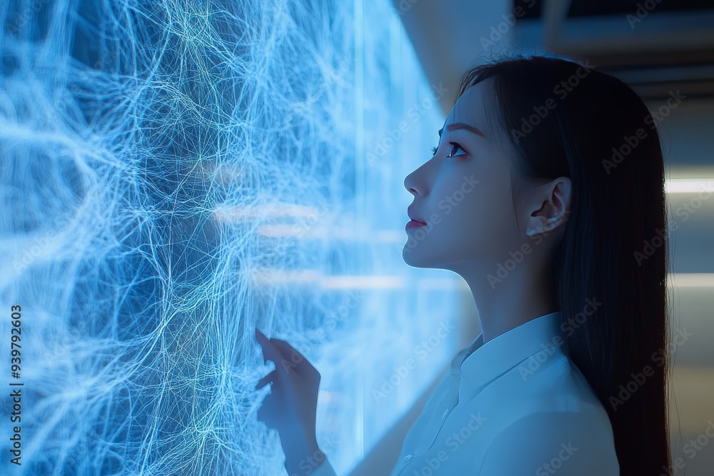 Poster profile of a woman interacting with glowing neural connections on a screen symbolizing the integrati