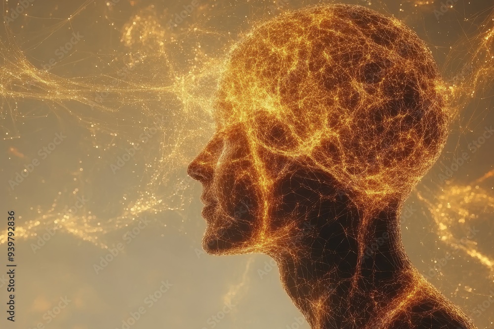 Poster profile of a man with glowing neural connections symbolizing the flow of thought and energy in a ser
