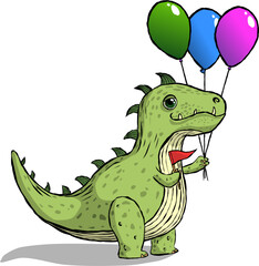 cute green dinosaur with balloons and a flag for congratulations. Vector illustration funny cartoon dino 