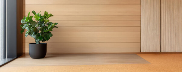 Contemporary office with warm wood elements, organic cork flooring, and natural fiber decor, blending modern design with sustainability, interior design, warm colors, productivity