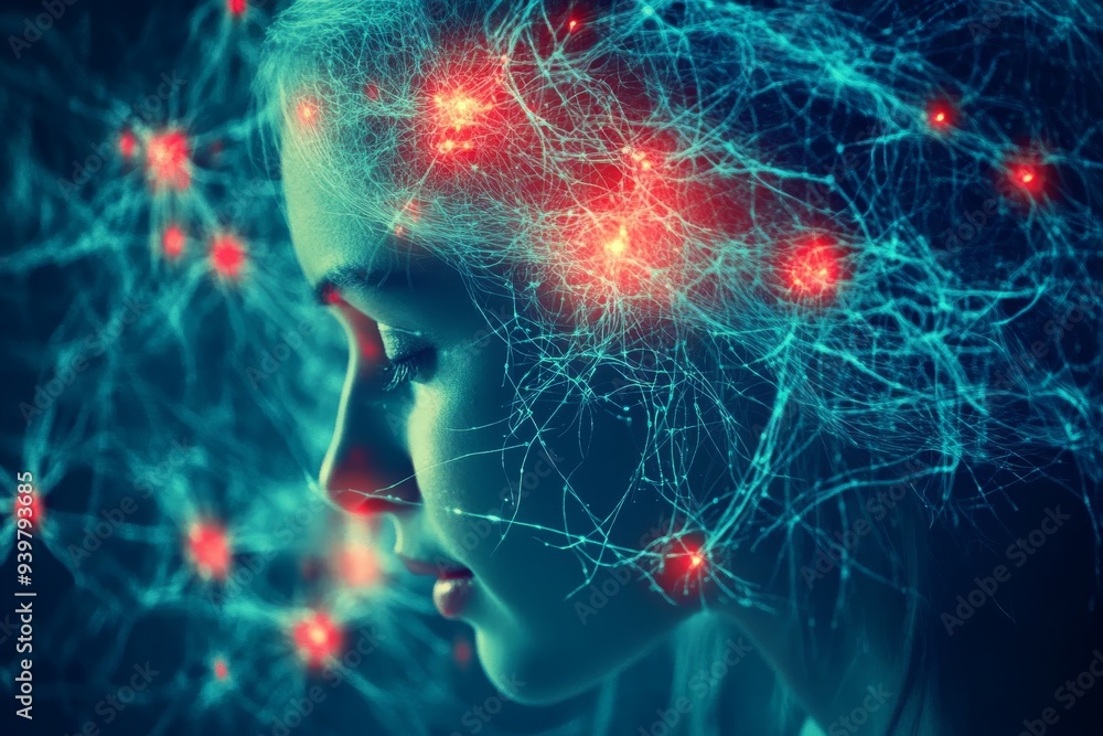 Poster close up of a womans head with glowing neural connections symbolizing the intricate patterns of thou