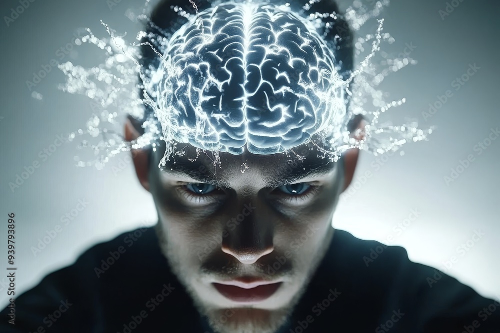 Poster close up of a man with a glowing brain symbolizing the intense focus and energy of thought in a dark