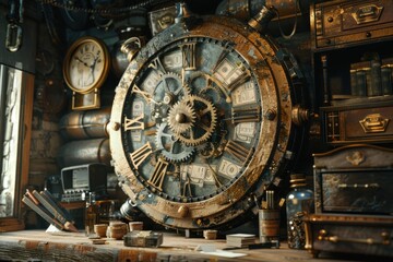 Obraz premium A clock with gears made of coins and hands made of banknotes in a vintage study, symbolizing financial time management and reflection.
