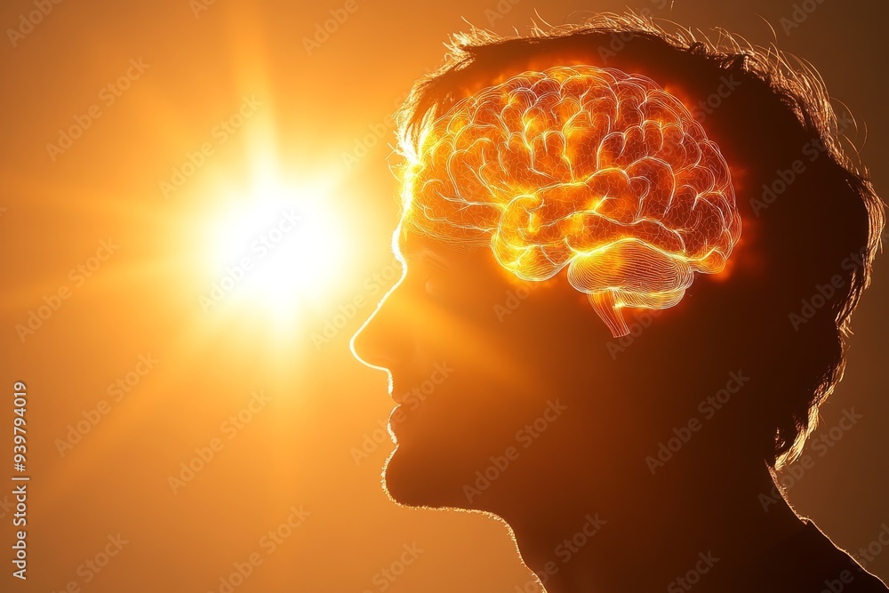Poster profile of a person with a glowing brain symbolizing the energy and vibrancy of thought in a bright 