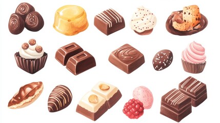 Chocolate collection. White background. Watercolor illustrations set