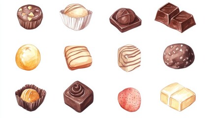 Chocolate collection. White background. Watercolor illustrations set