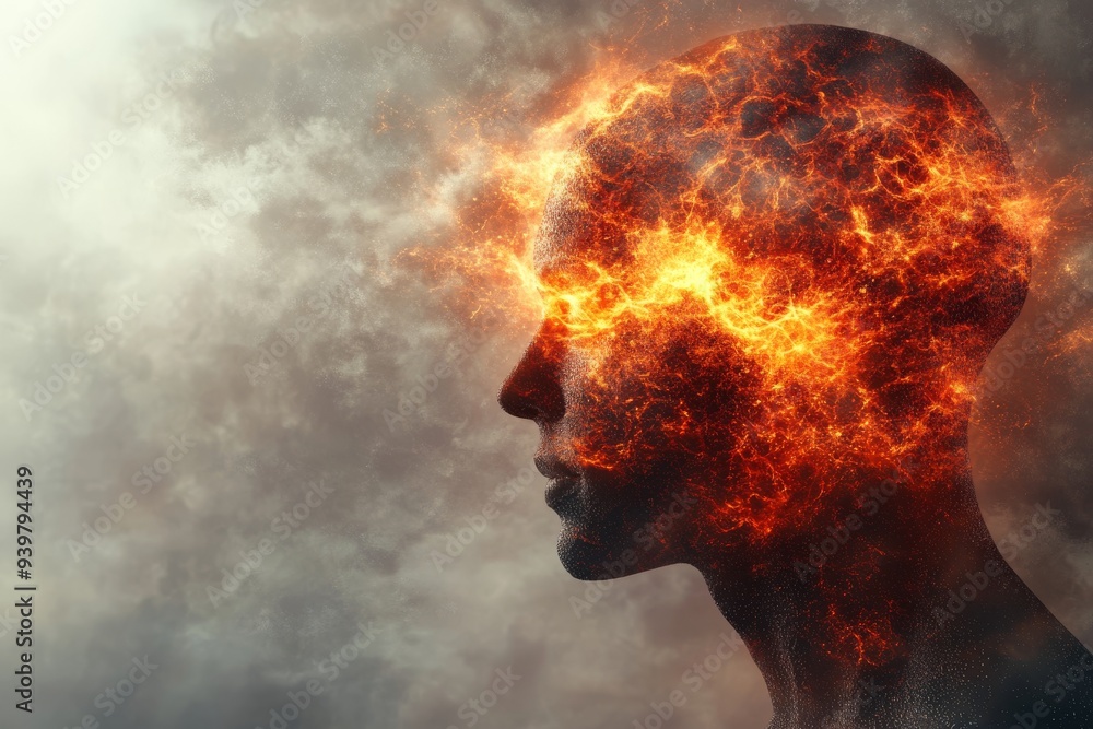 Poster profile of a man with a glowing brain symbolizing the intense energy and creative power of thought i