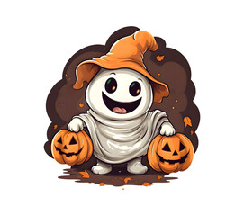 Charming Halloween Ghost Holding Two Jack-o'-Lanterns with a Pointy Hat.  Sticker illustration. Cute and Whimsical Illustration for Celebrating the Fall Season and Halloween Festivities.
